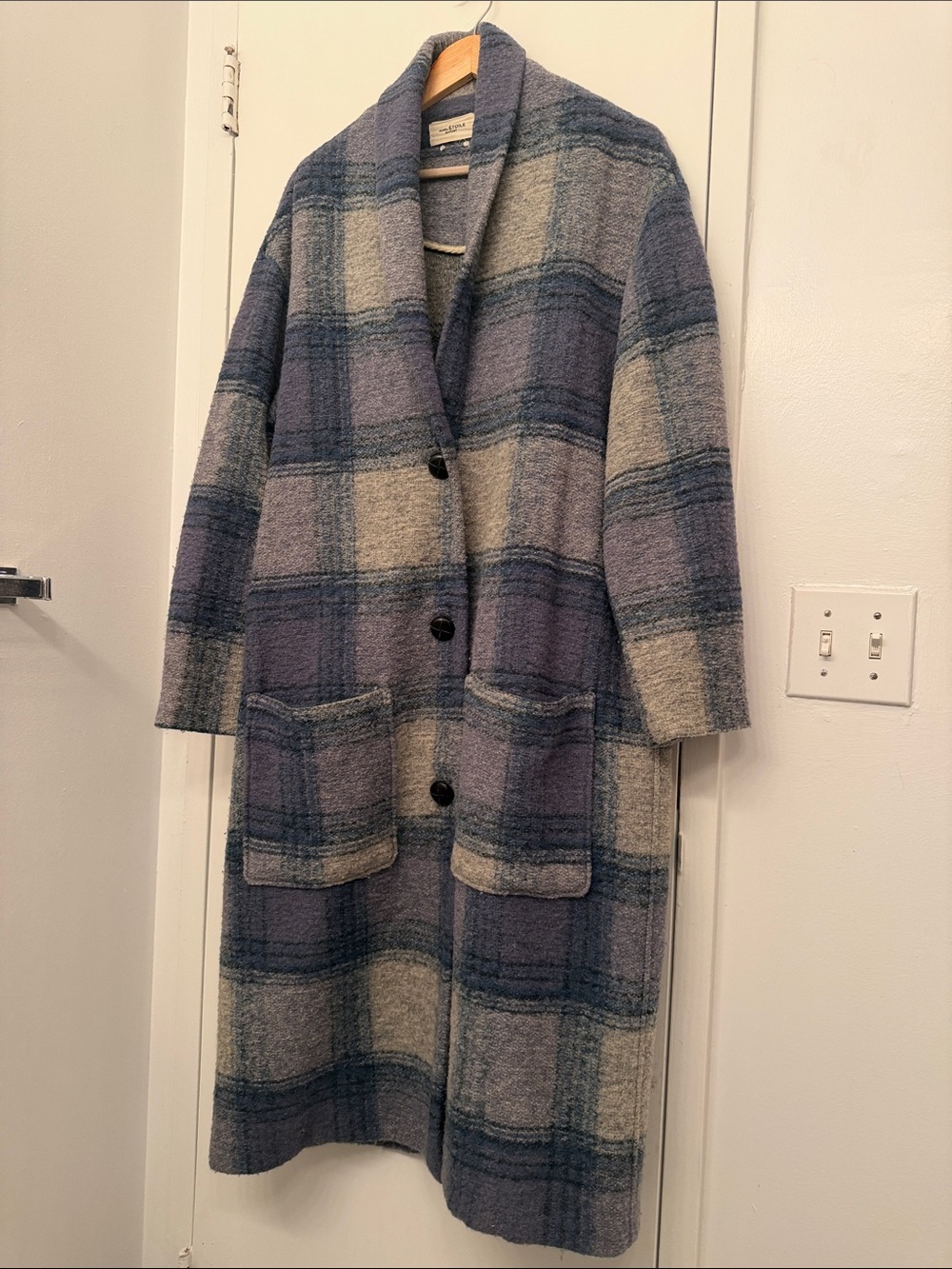 Isabel Marant Etoile Blue and Gray Plaid Shawl-Collar Long Cardigan Coat